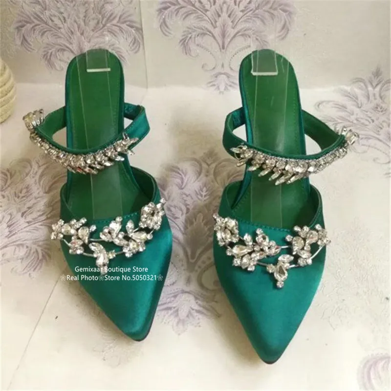 Тонкая обувь с закрытым декором; женские туфли-гладиаторы с острым носком на высоком каблуке; шлепанцы с ремешками на лодыжке; Шипованный кристалл; женские шлепанцы - Цвет: Green