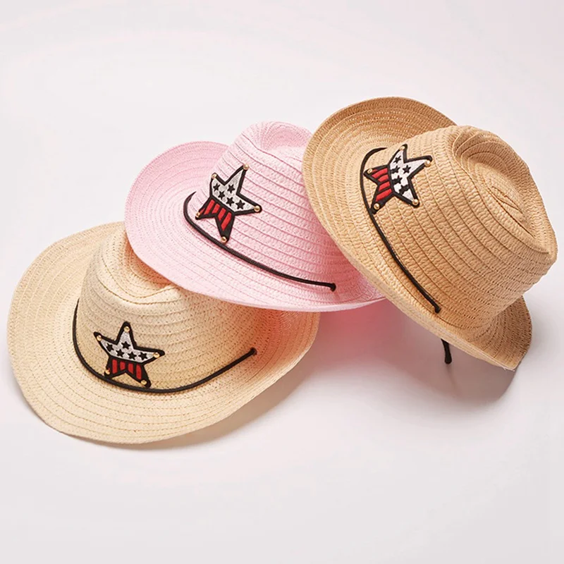 

8 Colors Outdoor Boy Cowboy Hat Summer Cute Star Straw Hat For Boys Girls Children's Star Patch Sun Hat Cute Kids Cap