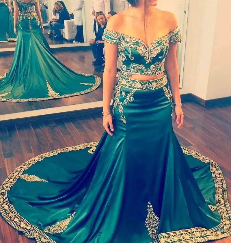 Hunter Green Arabic Formal Evening Dress Dubai Kaftan 2 Piece Prom