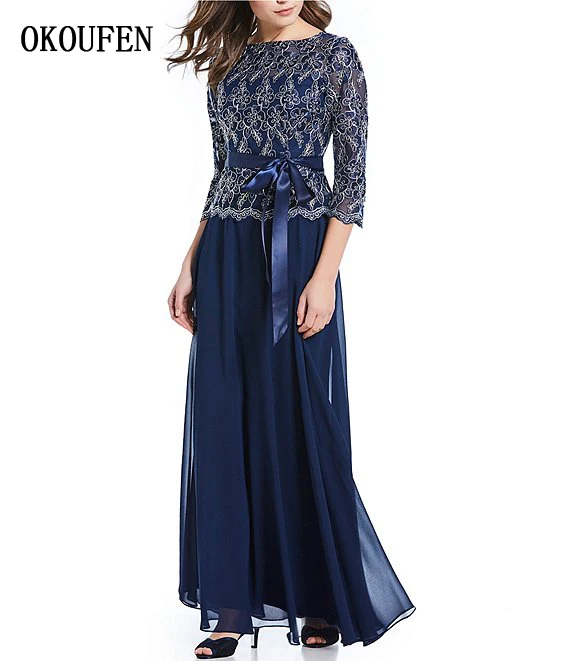 

Navy Blue Mother of the Bride/Groom Dresses for Wedding 2019 Ankle Length Lace Chiffon Sash Sleeves vestido de madrinha farsali