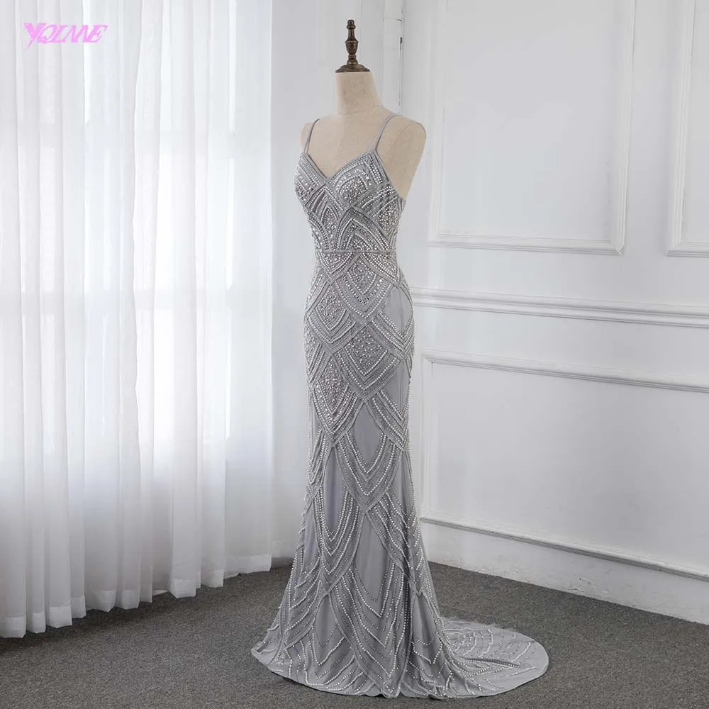 Silver Straps Evening Dresses Long Crystals Beaded Formal Gown Mermaid Zipper Back Robe De Soiree YQLNNE