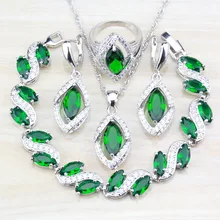 925 стерлингового серебра с натуральный зеленый камень CZ комплекты украшений для женщин костюм висячие серьги/ожерелье/браслет и кольцо набор