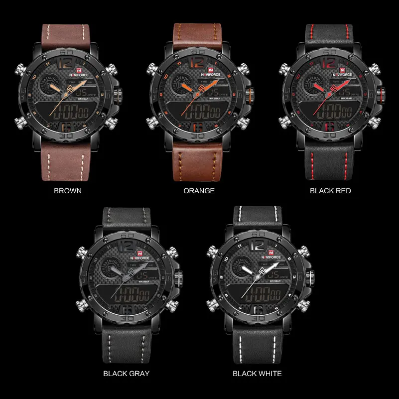 Модные часы NAVIFORCE, мужские, люксовый бренд, кварцевые наручные часы, мужские, повседневные, кожа, 30 м, водонепроницаемые, двойной дисплей, Relogio Masculino