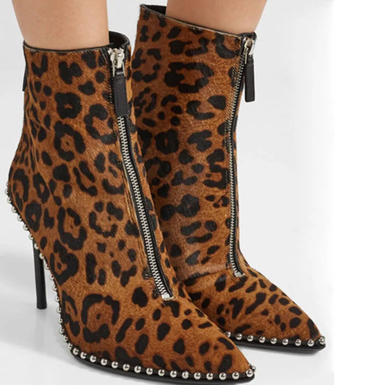

New Womens Ankle Boots Leopard Horse Hair Pointed Toe Rivets Beads Zipper Stilettos Shoes Brown Plus Size 34-42 G40