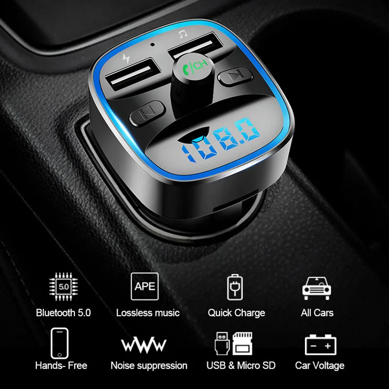 

Bluetooth 5.0 FM Transmitter Wireless Bluetooth Car Kit Car MP3 Player Unique Display Screen Aux Modulator Handfree Fast Charger