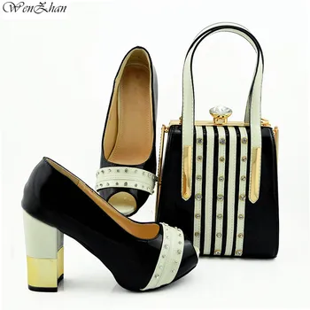 

Latest Shoes Matching Bags Gorgeous Black Big Heel For Wedding,High Heel Shoes With HandBag Set For Parties 38-42 WENZHAN B95-22