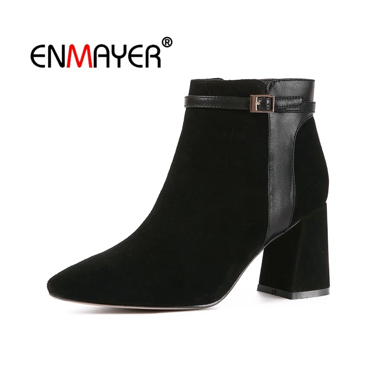 

ENMAYER Women Ankle Boots Natural Leather Kid Suede Ankle Boots Women Pointed toe Shoes Woman Thick Heel Zipper Buckle CR1958