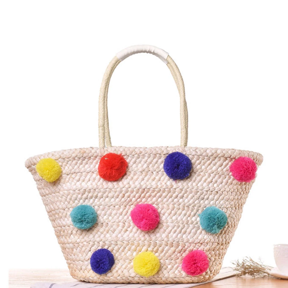 

Women Beach Bag with Pom Poms Ball Summer Straw Rattan Beach Bag Holiday Shoulder Bags Straw Woven Handbags