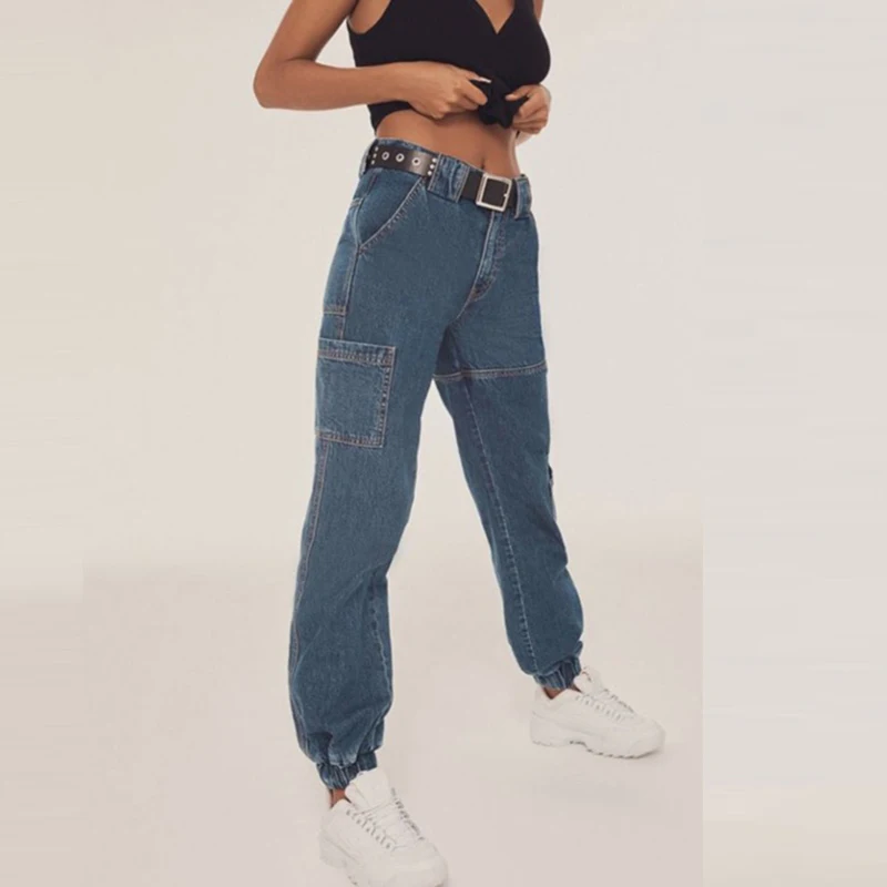 

Casual harem jeans loose fit Jeans Women elastic stretch middle Waist Blue Denim Pants Zipper bleached washed fashion Jeans