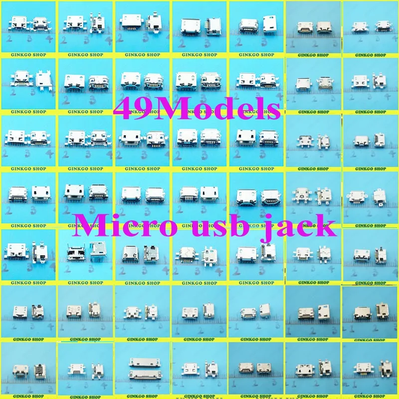 

49Models 490pcs/lot Micro USB Jack 5pin 5P USB Charging Socket Connector Mix SMD DIP V8 Port Charging Data Socket for Phone