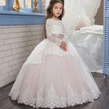 Детское платье принцессы для девочек платье с длинными рукавами и двойным кружевом для девочек костюм на свадьбу и день рождения платье с большим бантом одежда для девочек