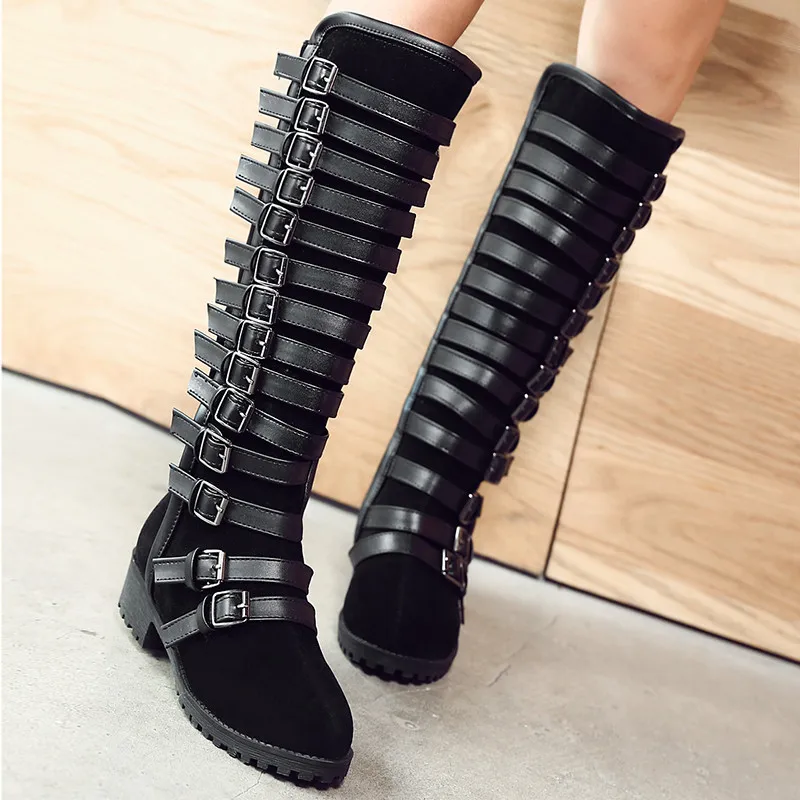 

YMECHIC 2018 Gladiator Buckle Strap Black Wine Red Chunky Heels Ladies Mid Calf High Knight Boots Winter Gothic Punk Boots Shoes