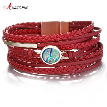 

Amorcome Braided Leather Bracelets for Women 2019 Fashion Jewelry Charm Multilayer Wrap Wide Bracelets & Bangles Femme Gift