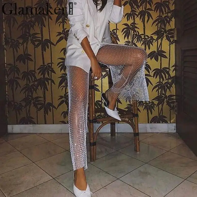Женские облегающие штаны с высокой талией Glamaker черные брюки со стразами Клубная