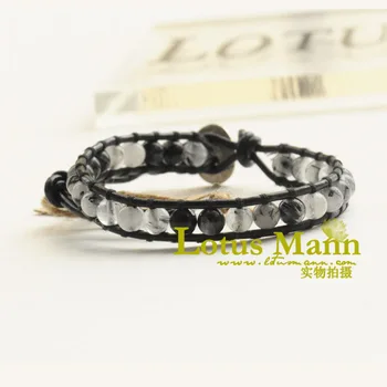 

Ink black crystal single-circle black leather cord bracelet apotropaic genuine leather bracelet