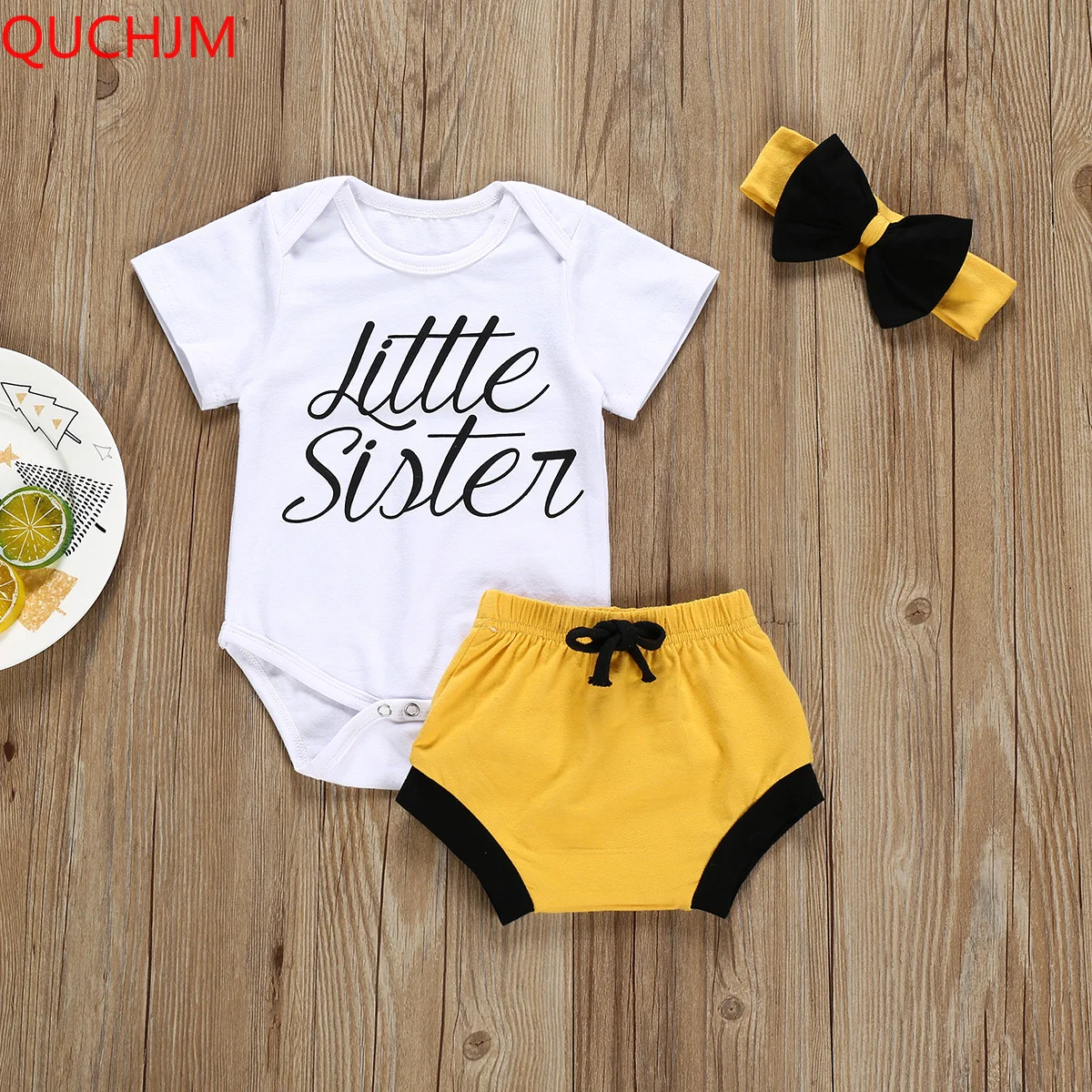 Baby suit summer short-sleeved letter triangle yellow shorts bow tie three-piece sports | Детская одежда и обувь