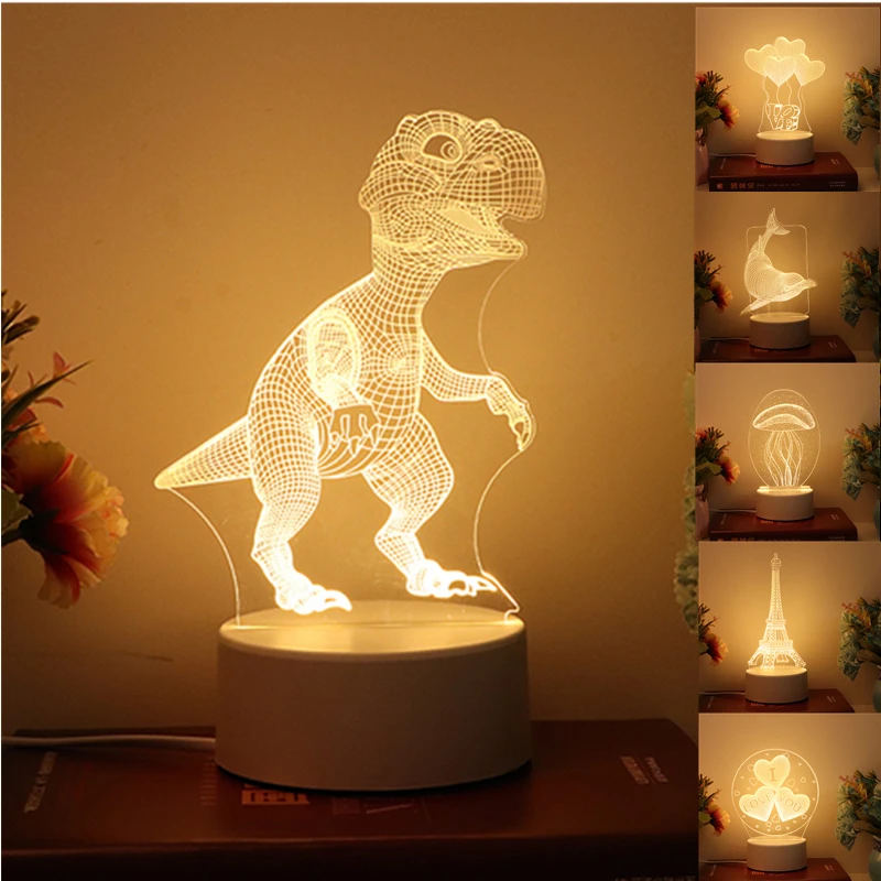 

LED Dinosaur 3D Night light WarmWhite USB Button Acrylic optic lights decor Nights lamps kids gifts for baby child DIY design