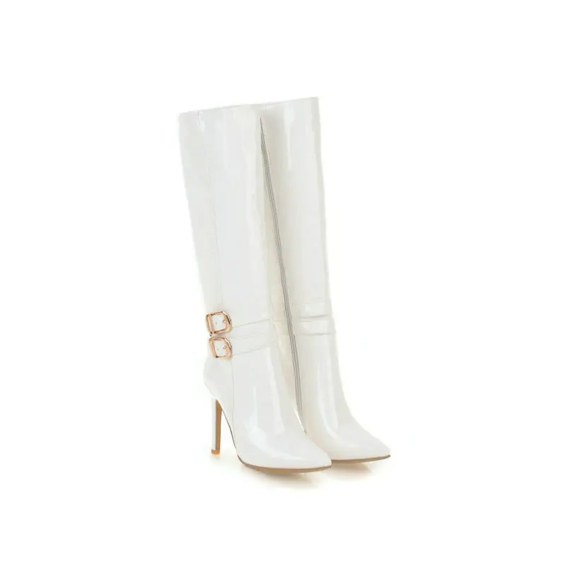 NEMAONE/новые женские сапоги до колена на высоком каблуке, женские осенне-зимние сапоги, вечерние модельные туфли с острым носком, женская обувь, большие размеры 41, 42, 43 - Цвет: Белый