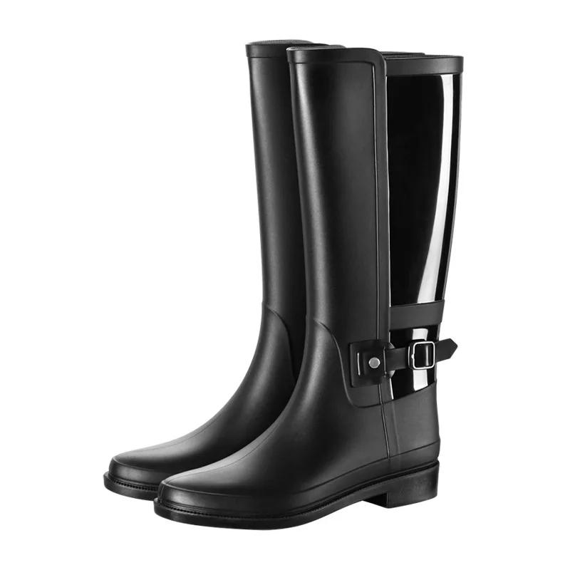 Rain Boots New Fashion Women PVC Rubber Shoes Punk Style Heel Waterproof Non-Slip Riding Boots Shoes Knight Tall Boots Female - Цвет: Черный