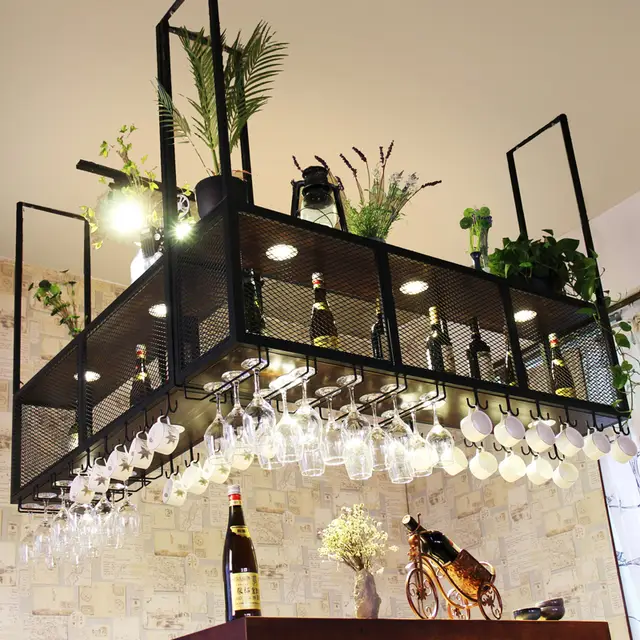Bar Wrought Iron Decorative Hanger Home Solid Wood Ceiling Hanging Cabinet Upside Down High Glass Rack Bar Hanging Wine Rack Win