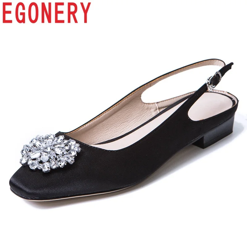 

EGONERY women shoes new silk square toe crystal buckle strap solid casual shallow large size three colors women flat work shoes