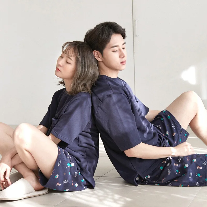 

2019 Couple Pajamas Cotton Summer Men And Women Sleep T-shirt Short Pants Pijamas Sleepwear Lover Home Cute Night Suit M-XXL