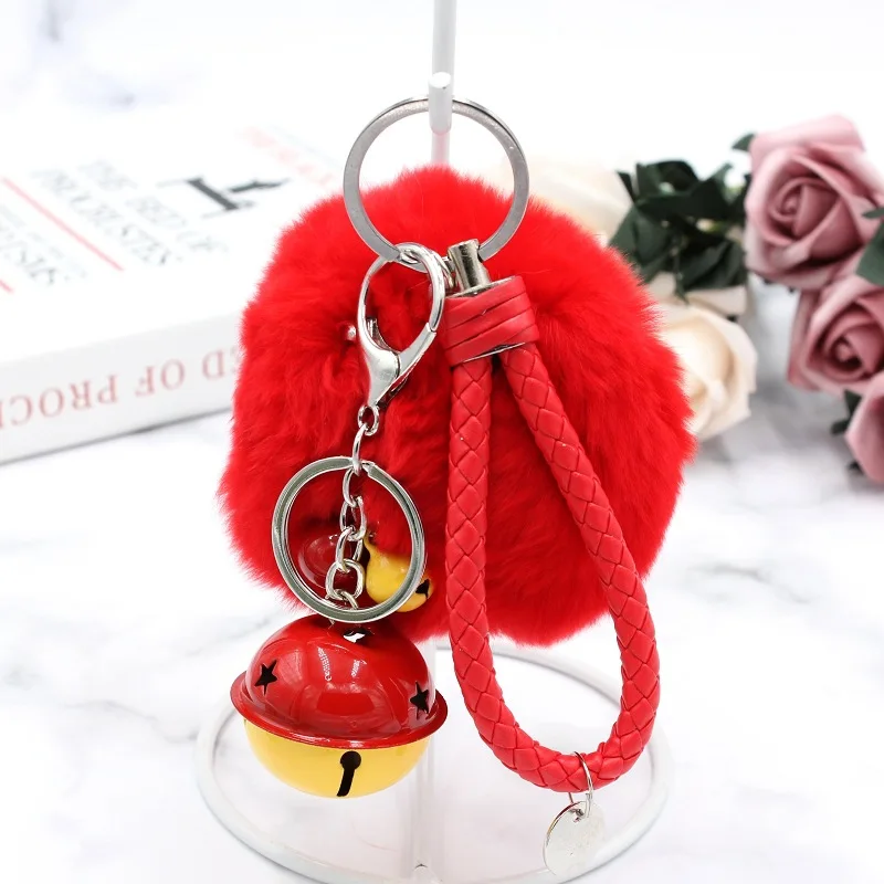 

34 Colors Trinket Leather Rope Pompons Keychains Fluffy Rex Rabbit Fur Keychain Bell Key Chains Trinkets Keychain Llaveros