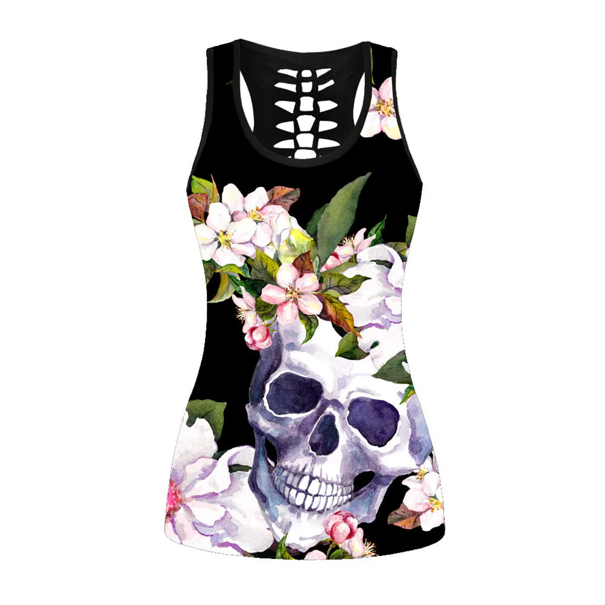 

3D Dark Black Tops Skull Death Skeleton Printed Women Tank Top Blusa Feminina Galaxy Sexy Vest T Shirt Pierced Back Hollow Out