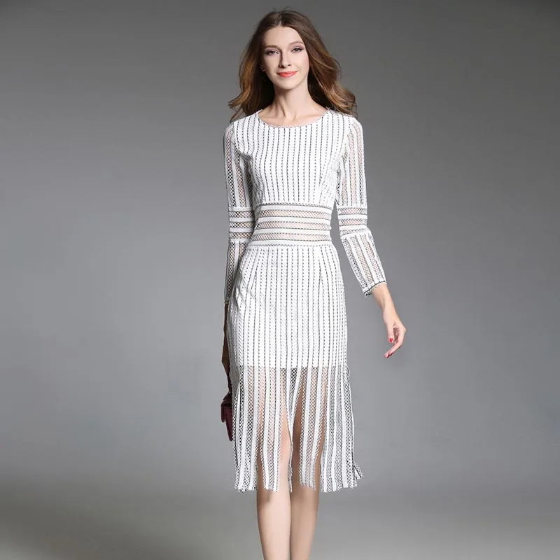 

New Arrivals 2018 Autumn women hollow out white Lace Dress High-qualit fashion Tassels Long sleeves runway Dress