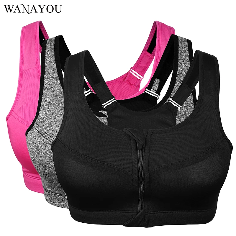 WANAYOU 2XL-5XL Plus Size Sports Fitness Bras, Women Zipper Push Up Bras, Padded Wirefree Shockproof Yoga Vest Sports Tops
