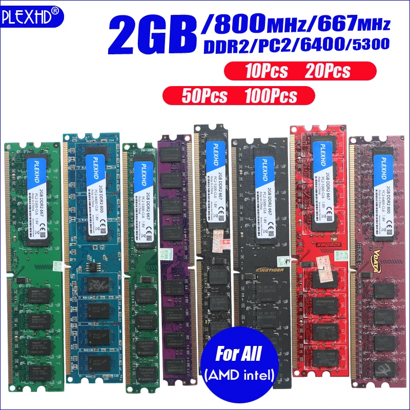 PLEXHD سطح المكتب 10 قطعة PC ذاكرة عشوائية Ram DDR2 800 ميموريال وحدة PC2 6400 1 GB 2 GB 4 GB (2 قطعة * 2 GB) متوافق DDR2 800 MHz/667 MHz