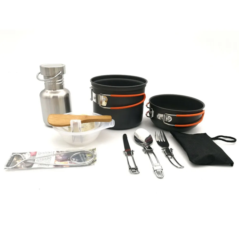 Senderismo Picnic turística vajilla conjunto plegable con cuchara tenedor cuchillo no-stick olla Pan botella conjunto de suspensión viaje de Camping utensilios de cocina