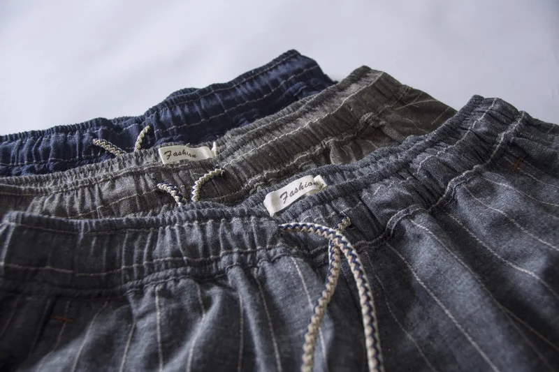 Летние Новые брендовые льняные шорты мужские модные 38 Размер повседневные полосатые шорты мужские синие с эластичной талией короткие