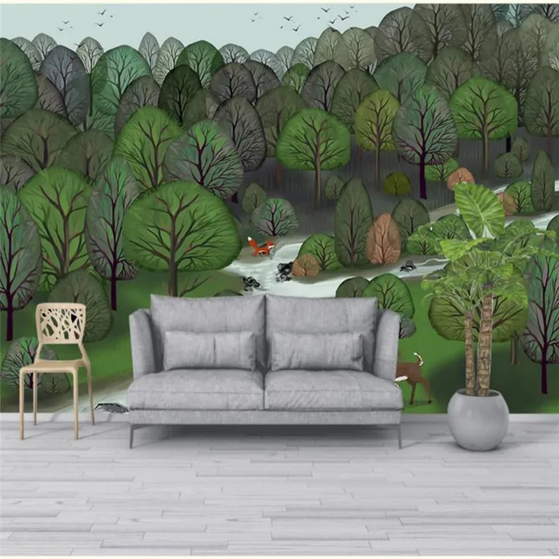 Customized 3d wallpaper cartoon forest creek elk background wall high-grade waterproof material Customized 3d wallpaper cartoon forest creek elk background wall high-grade waterproof material