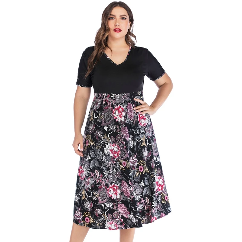 

New Fashion women V-Neck short-sleeve floral print stitching black colour casual plus size dress 5XL