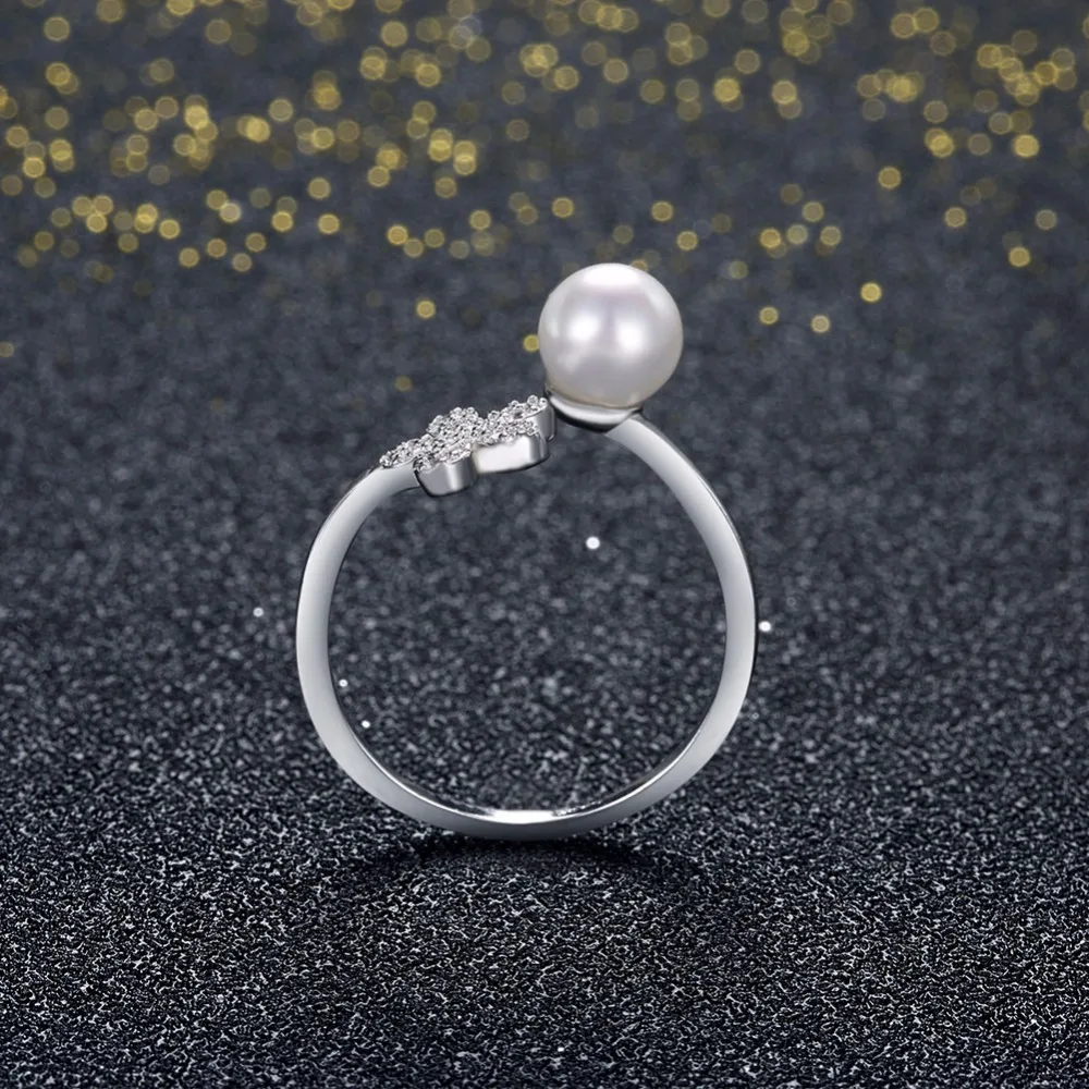 Simulated Pearl Jewelry Guarantee 925 Sterling Silver Ring Cubic Zirconia Adjustable Rings For Women (JewelOra RI102200)