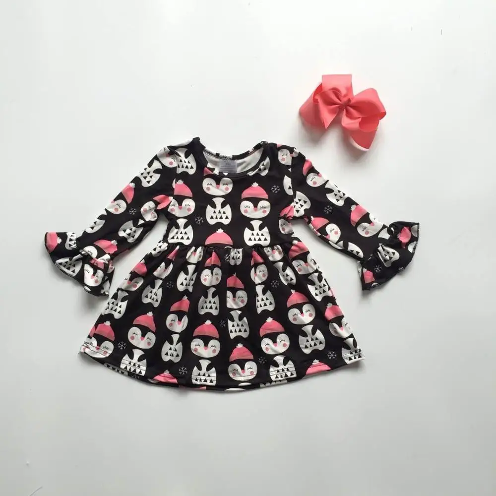 Новинка, Осень-зима,, Эксклюзивное Платье с пингвинами черного и розового цвета для маленьких девочек, детская одежда молочный шелковый хлопковый костюм с бантом
