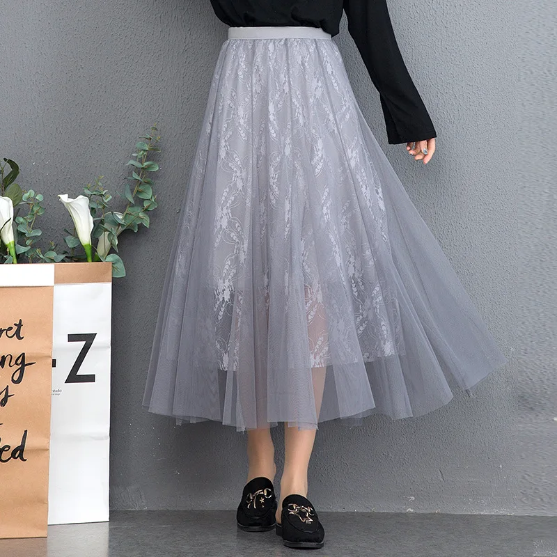

2019 Summer New Arrival Mesh Pleated Skirt Women Elastic Waist Tulle Skirt Lace Stitching Sweet Skirt Free Shipping