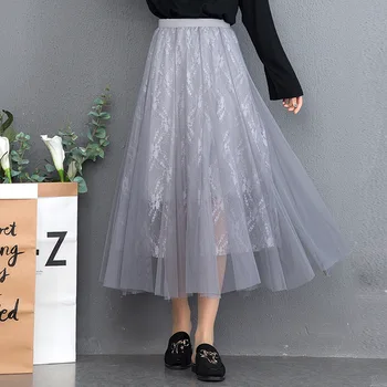 

2020 Summer New Arrival Mesh Pleated Skirt Women Elastic Waist Tulle Skirt Lace Stitching Sweet Skirt Free Shipping