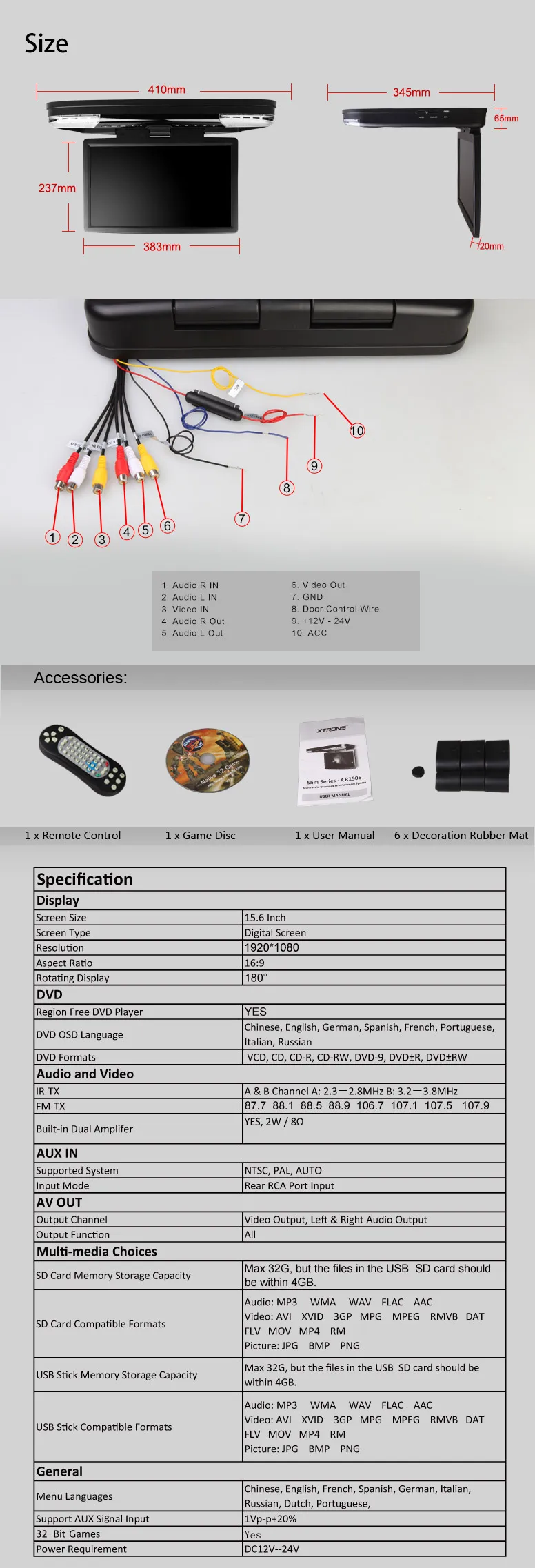 Накладной монитор 15," HD 1080 P автомобильное крепление на крышу откидной DVD плеер видео с светодиодный подсветкой HDMI порт FM+ 2 IR наушники
