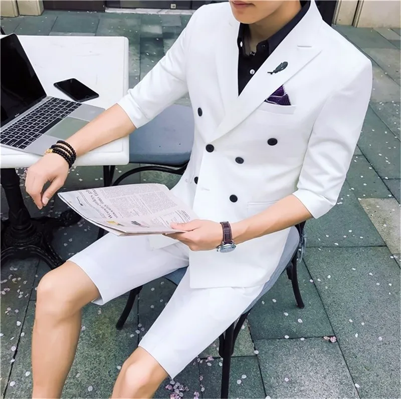 

Gwenhwyfar2018 New Elegant White Wedding Men Suit with Short Pants Fashion Business Terno Masculino Young Mens Summer Suits Set