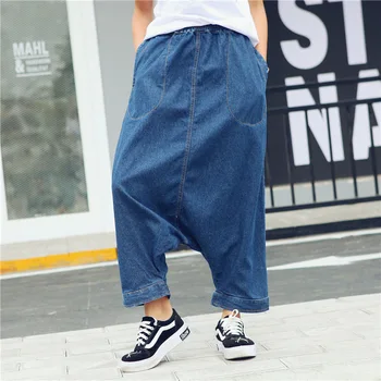 

Baggy pants Harajuku fashion hip hop jeans elastic waist button side denim Ankle-length pants plus size Blue Denim Joggers 5022