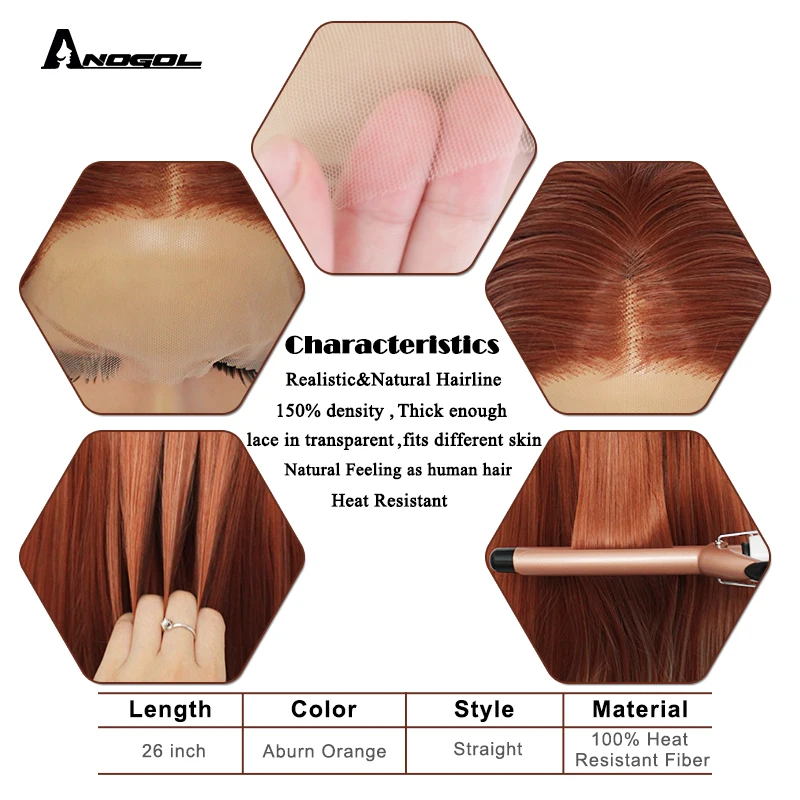 ANOGOL 350 Auburn Copper Red Long Straight Middle Part Synthetic Lace Front Wig For Black Widow White Women Natural Hair Wigs