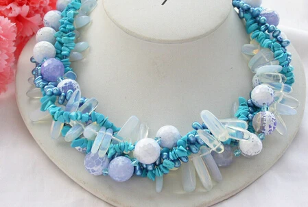 

huij 002097 BEAUTIFUL 5row 18" white round agate blue pearl turquoise opal NECKLACE