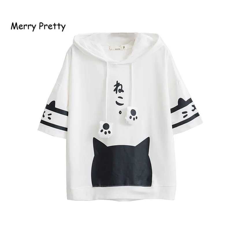 Merry Pretty футболка Женская harajuku японский стиль kawaii cat Футболка белая с капюшоном короткий рукав хлопок девушки tumblr футболки Friends - Цвет: Белый
