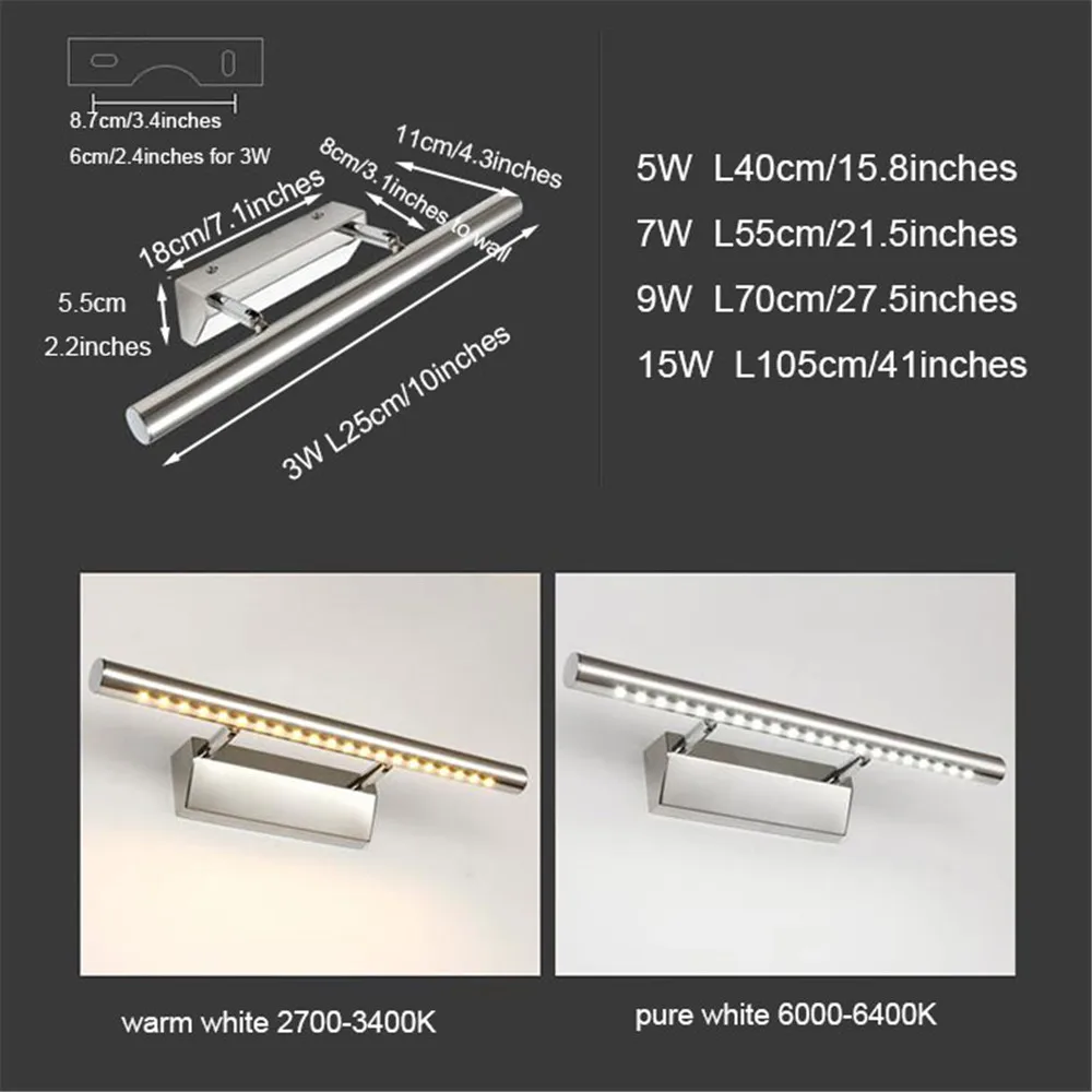 Modern Stainless Steel LED front mirror light bathroom makeup wall lamps led vanity toilet wall mounted sconces lighting fixture