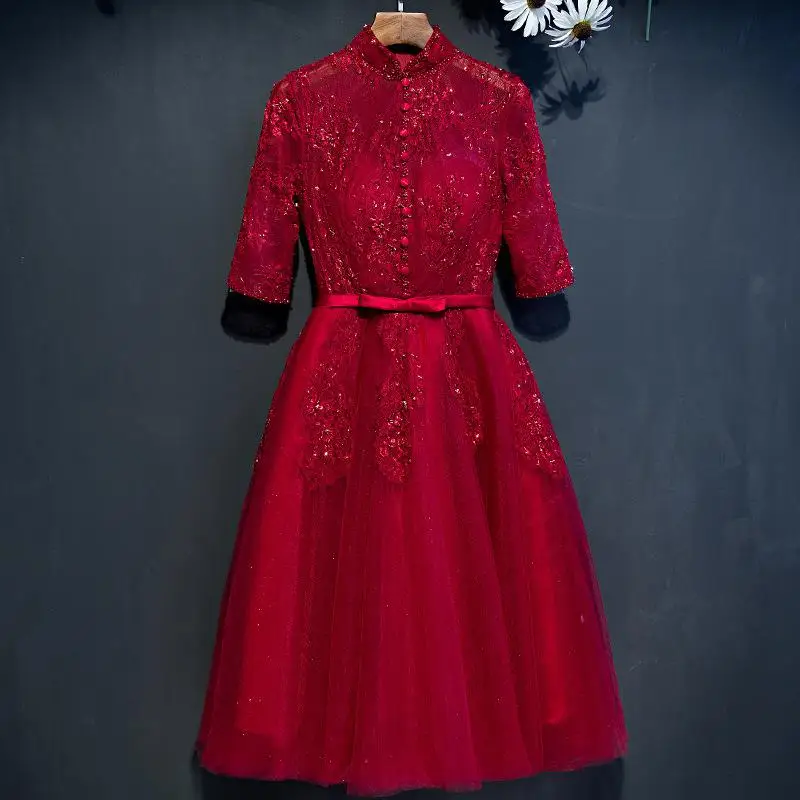 Восточное женское вечернее Ципао свадебное платье в традиционном китайском стиле стиль элегантный Qipao короткие платья ретро Vestido s-xxl - Цвет: Dark Red