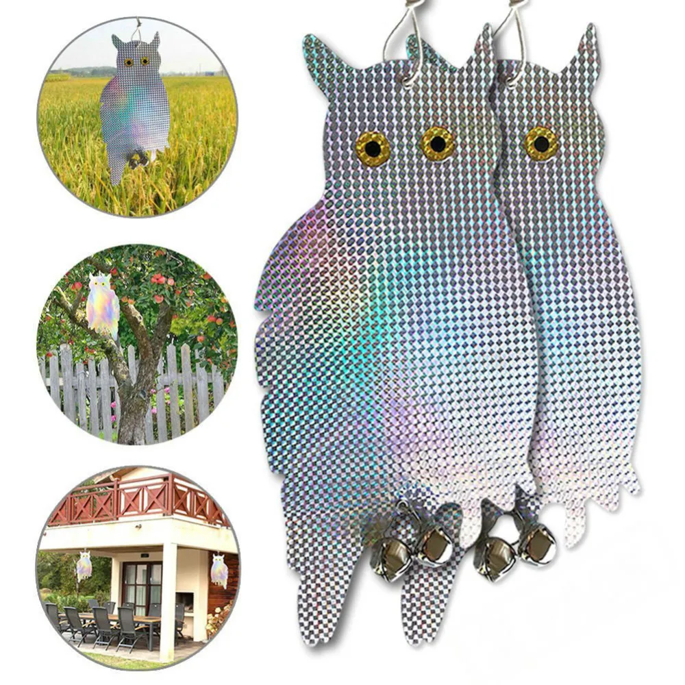 2pcs Fake Owl Decoy Scare Birds Holographic Reflective Repel Woodpecker Garden Hanging Supplies