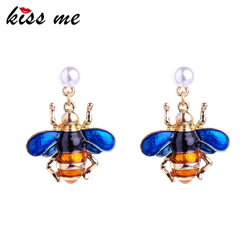 

KISS ME Two-tone Two Types Vivid Enamel Insect Bee Drop Earring For Women Glass Pearl Crystal Dangle Earring Fashion Accessories