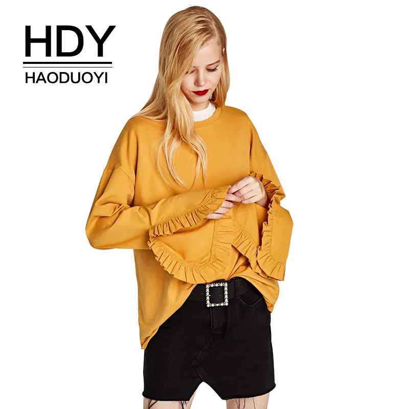 HDY Haoduoyi желтые кофты Для женщин Полный Flare рукавом Разделение Новинка Свободные повседневные толстовки Новый Топы корректирующие оборками